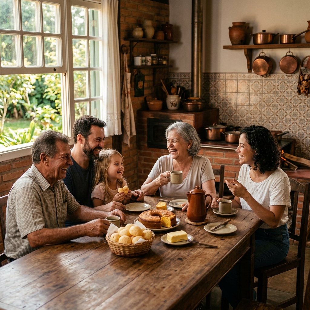 Família reunida e comida caseira